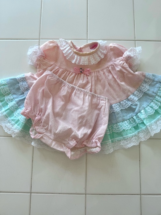 Vintage Other - Vintage Baby Girl 6-9m Dress &Bloomer Set Roanna Pink Blue Ditzy Floral Lace 80s